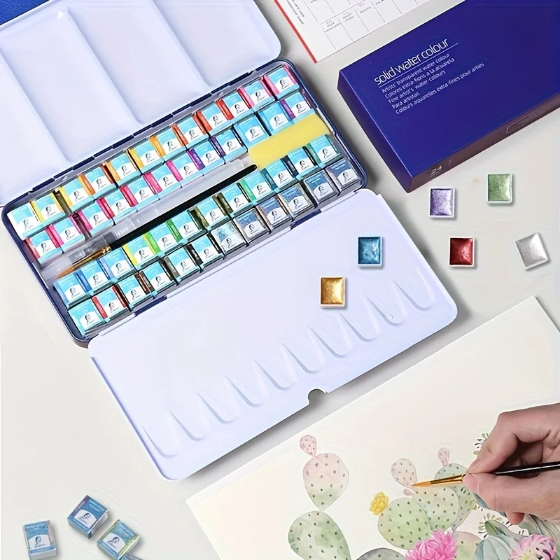 48-Color Watercolor Paint Set in Portable Box, Including 6 Pearlescent colors ,Watercolor Paint Set with Palette and Brush.Perfect for Artists, Hobbyists, Students, Beginners, Perfect Travel Watercolor Set